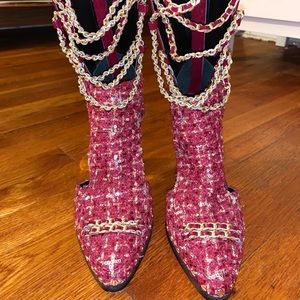 Burgundy and gold chunky heel chain cut out boots